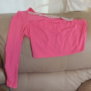 Pink One-Shoulder Top with Rhinestone Detail